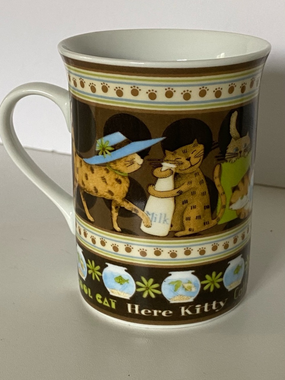 Debbie Mumm Cat Mug EUC Vintage Fish Bowl Goldfish Kitties Ceramic Brown